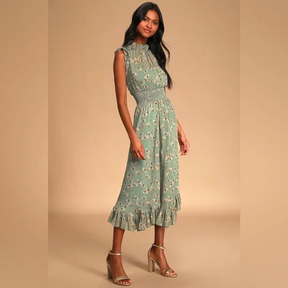 knee length dresses for ladies Sage Ditsy Floral Square Neck Ruffle Hem Midi Dress Large